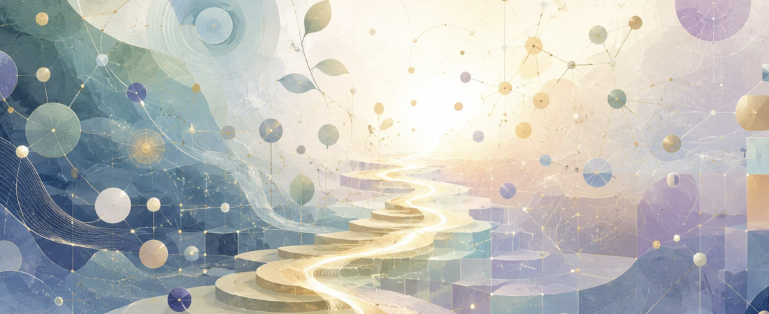 Abstract staircase winding through connected shapes, representing cognition and mental processes